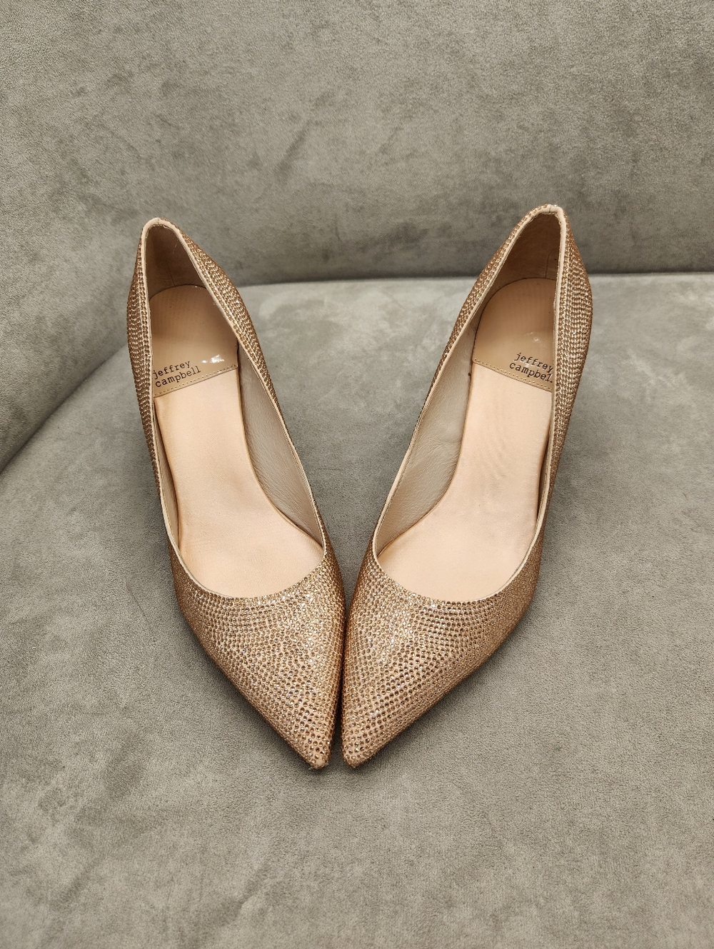 Jeffrey Campbell Pumps 9 Rose Gold Nikia Rhinestones Beaded Pointed Toe Stiletto